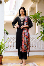 Thumbnail for The52 Black Women's Beautiful Viscose Chanderi Fabric Embroidered Work Straight Kurta Pant and Dupatta Set - Distacart