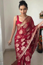 Thumbnail for Malishka Cotton Silk Jacquard Ready To Wear Saree With Blouse Piece - Red - Distacart