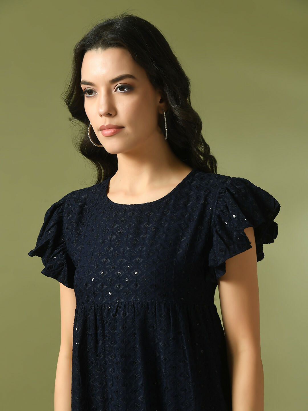 Myshka Women's Navy Blue Embroidered Cotton Round Neck A-Line Party Dress - Distacart