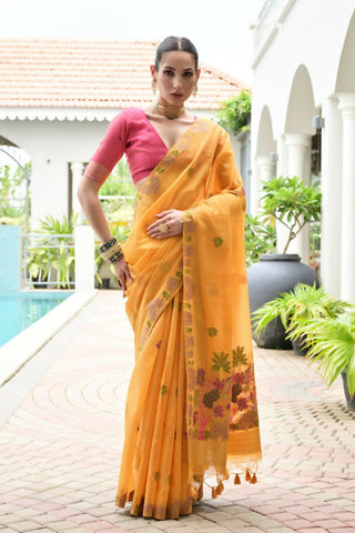 Vishnu Weaves Women's Yellow Muga Cotton Thread Weaving Saree with Blouse
