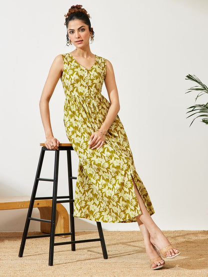 Janasya Olive A-Line Cotton Dress - Dista