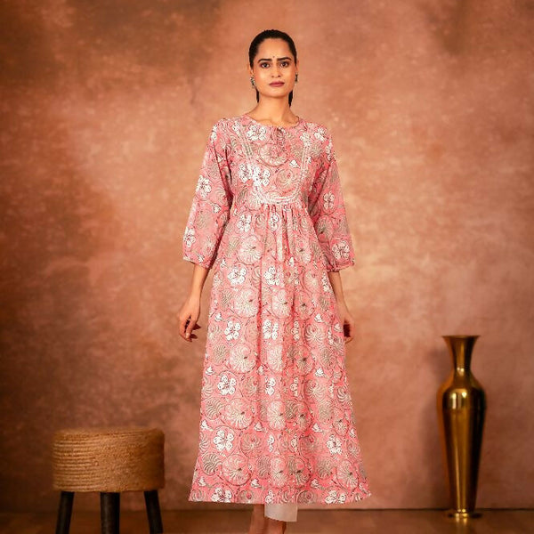 Joban Fashion Pink Floral Hand Block Printed Cotton Kurta Pant Set - Distacart