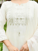 Thumbnail for The52 White Women's Beautiful Rayon Slub Fabric Embroidered Work Straight Kurta, Pant and Dupatta Set - Distacart