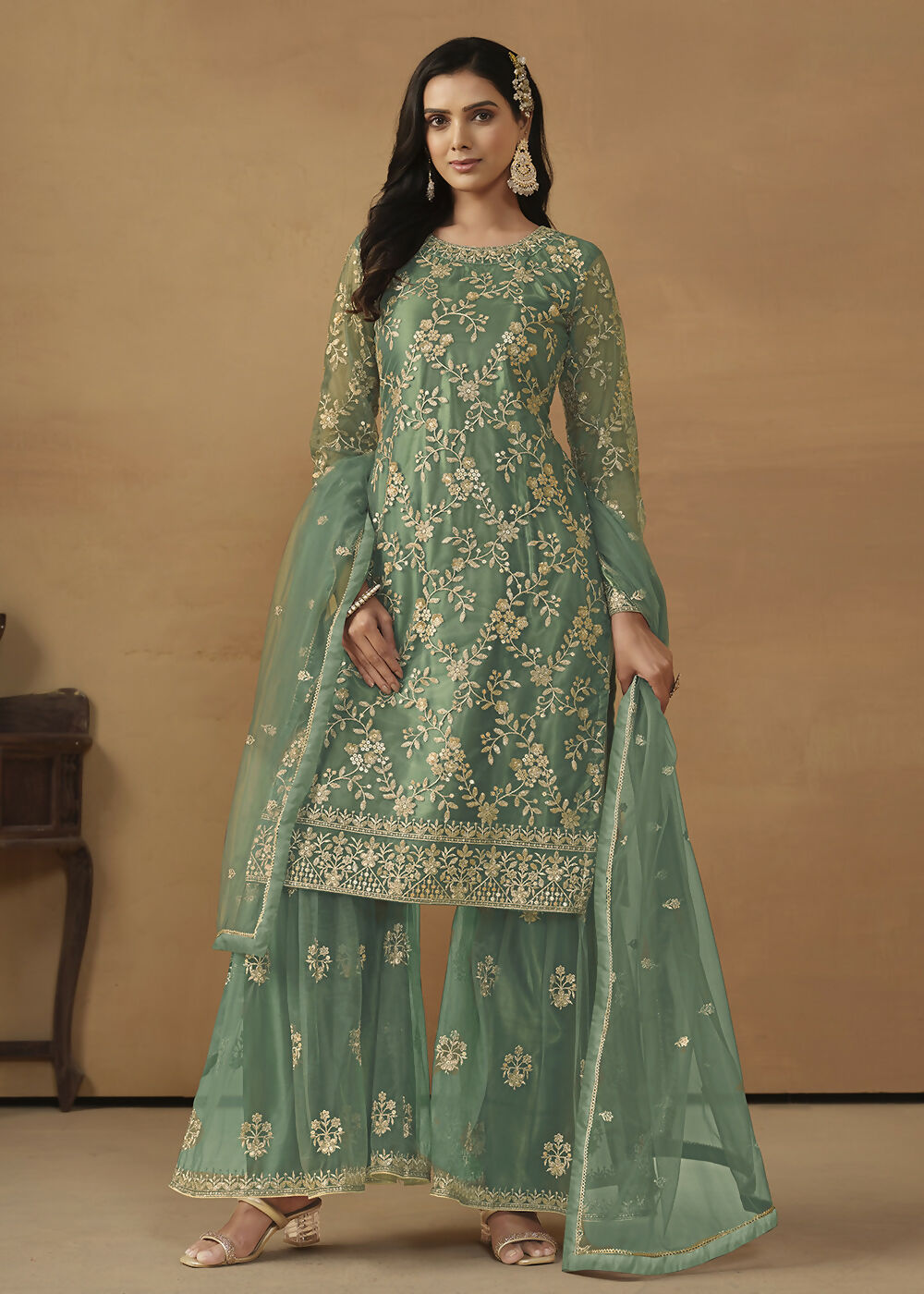 Sea Green Net Embroidered Wedding Festive Gharara Suit - Emponline - Distacart