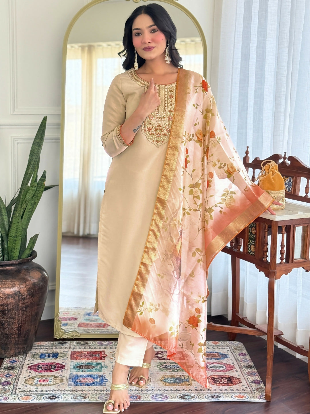 The52 Chiku Women's Beautiful Rayon Fabric Embroidered Work Straight Kurta Pant and Dupatta Set