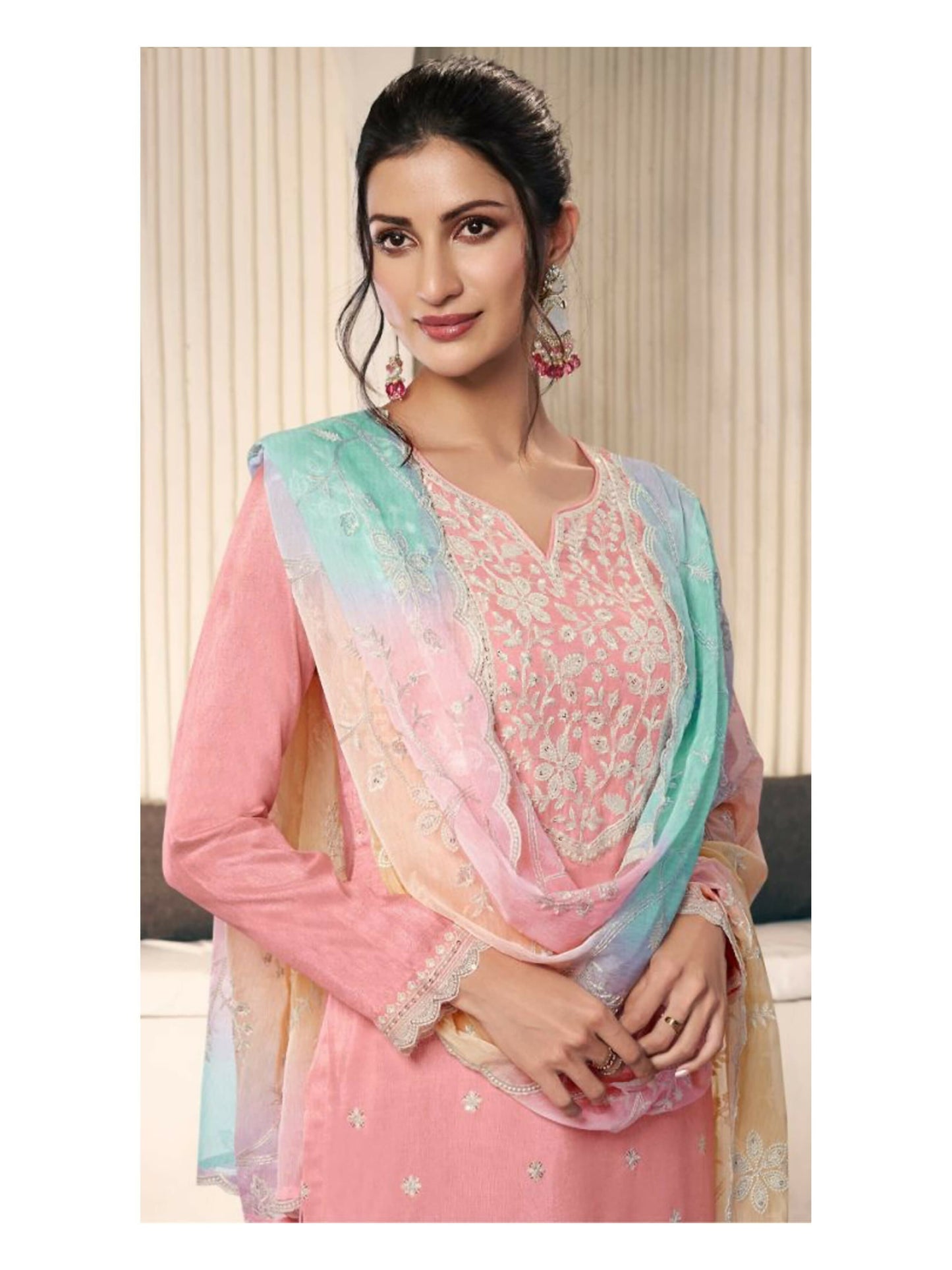 Anaita Peach Moonga Silk Stitched Suit with Embroidery Sequence Work - Distacart