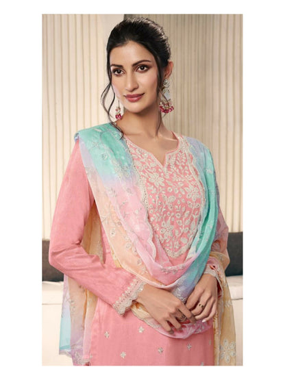 Anaita Peach Moonga Silk Stitched Suit with Embroidery Sequence Work - Distacart