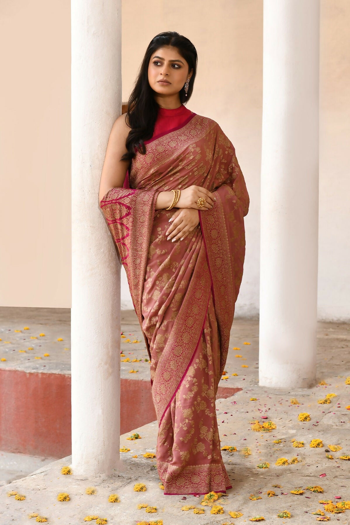 Joban Fashion Rouge Pink Crepe Chiffon Pure Handloom Banarasi Silk Saree