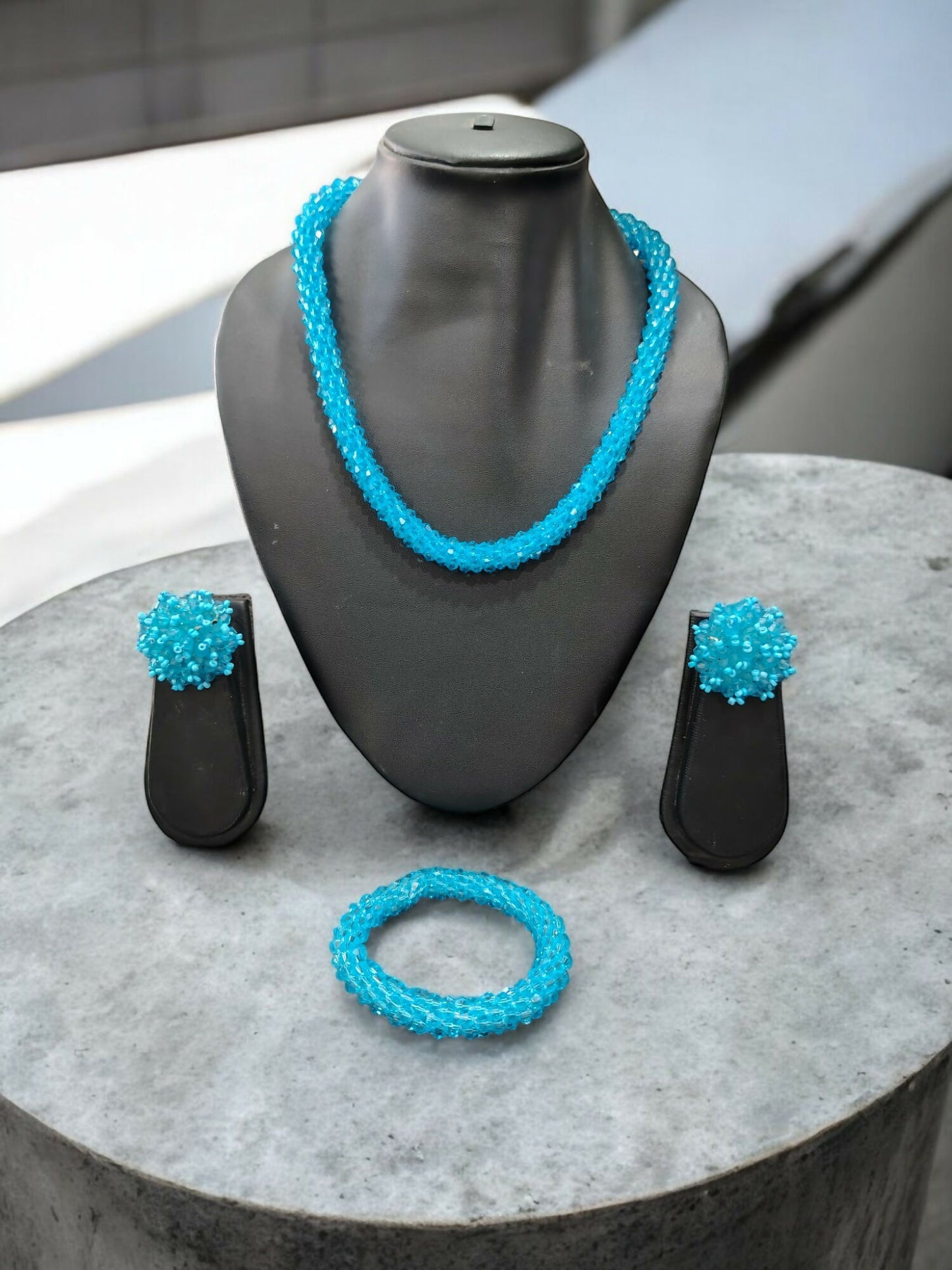 Inhanns Complete Look Crystal Statement 3-Piece Set (Adjustable Necklace + Earrings + Adjustable Bangle ) - Sky Blue - Distacart