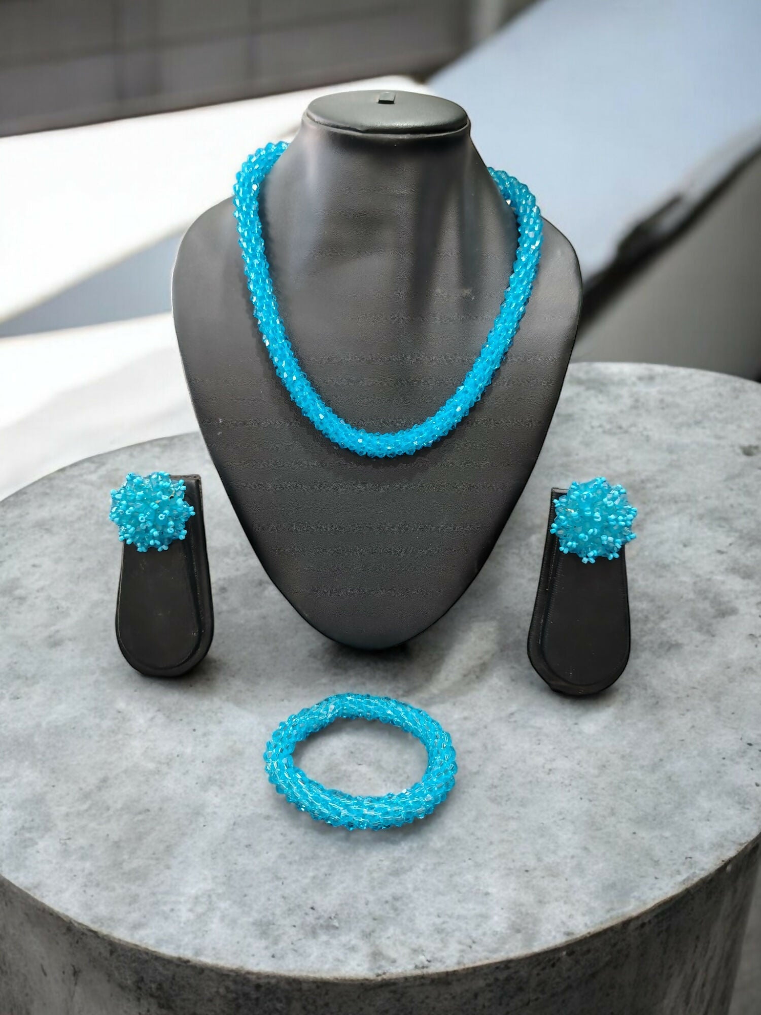 Inhanns Complete Look Crystal Statement 3-Piece Set (Adjustable Necklace + Earrings + Adjustable Bangle ) - Sky Blue - Distacart