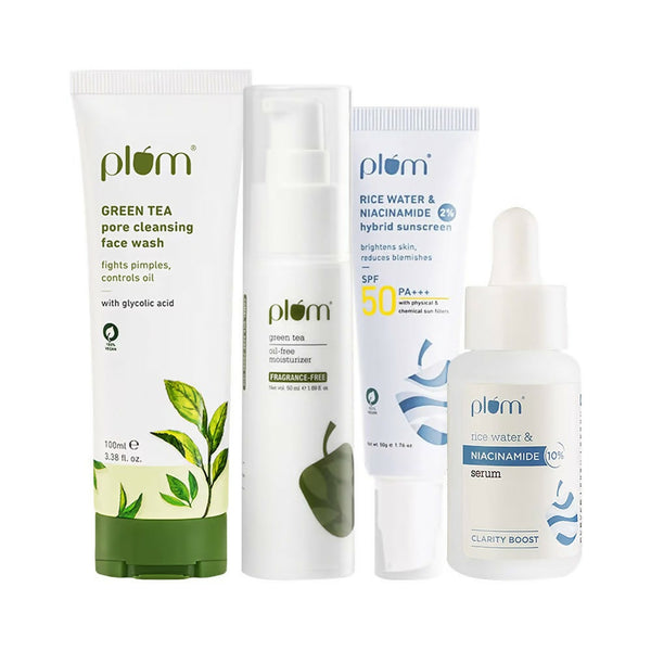 Plum Clear Skin CSMS (Cleanser, Serum, Moisturizer, Sunscreen) Combo With Green Tea & Niacinamide - Distacart