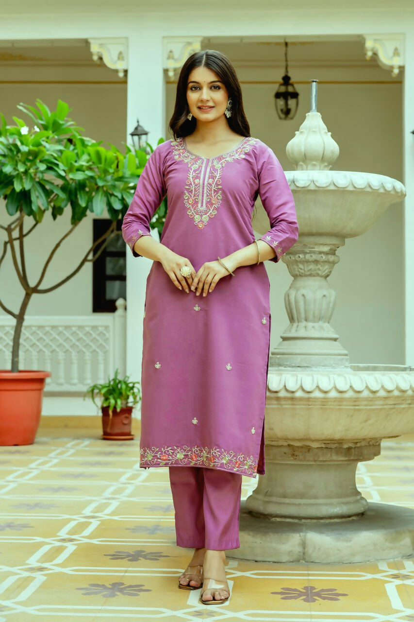 Preksha Creation Light Pink Viscose Chanderi Silk Embroidered Beads Kurta Set With Dupatta And Pant