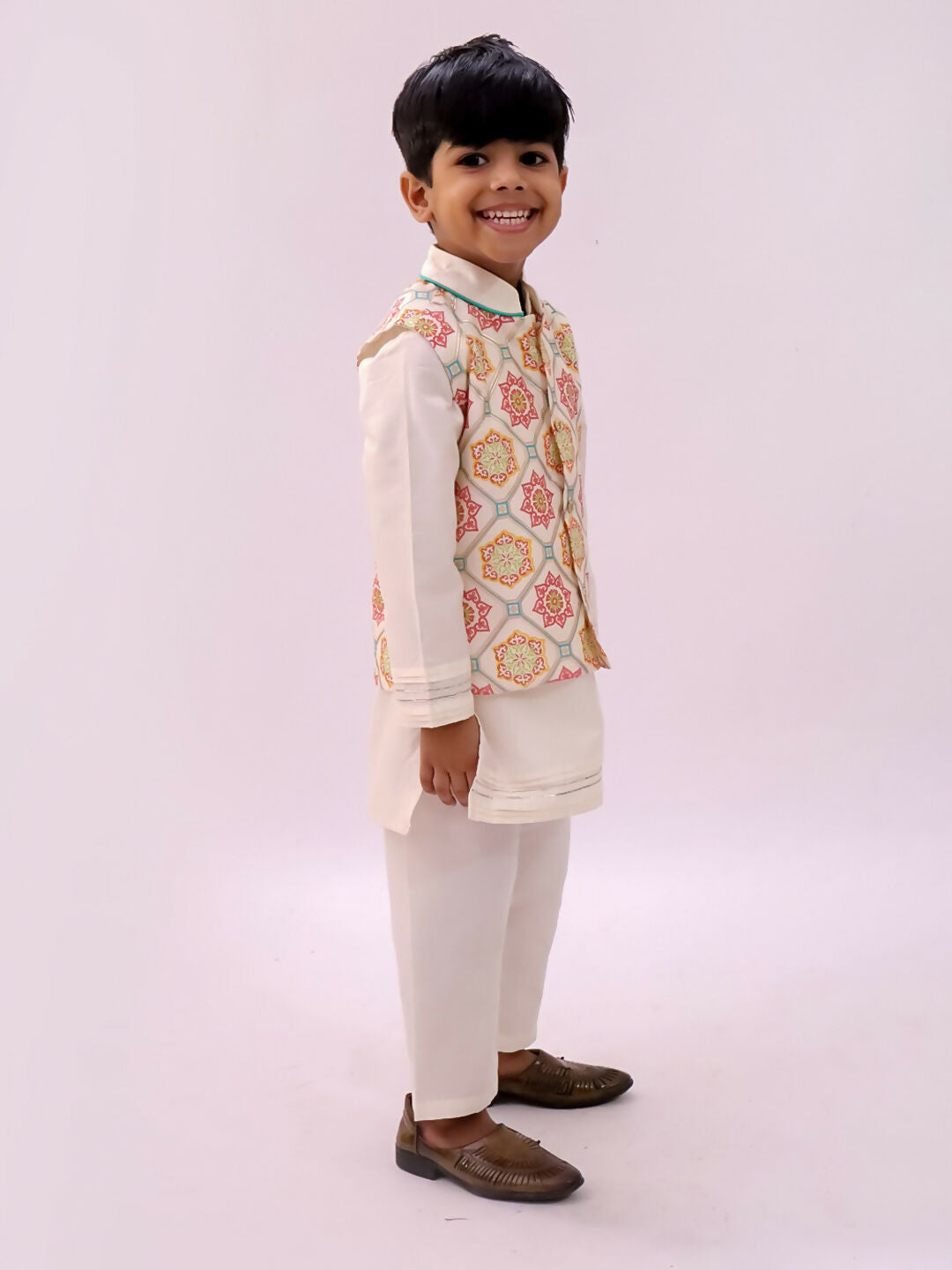 Lil Drama Mishti White Kurta Pyjama and Jacket For Boys