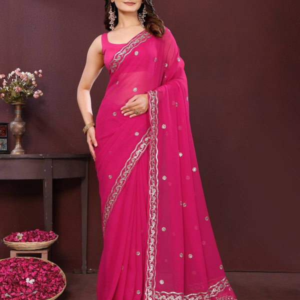 Ai Fashion Pink Soft Georgette Embroidery Party Wear Saree - Distacart
