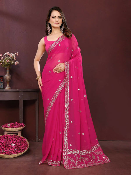 Ai Fashion Pink Soft Georgette Embroidery Party Wear Saree