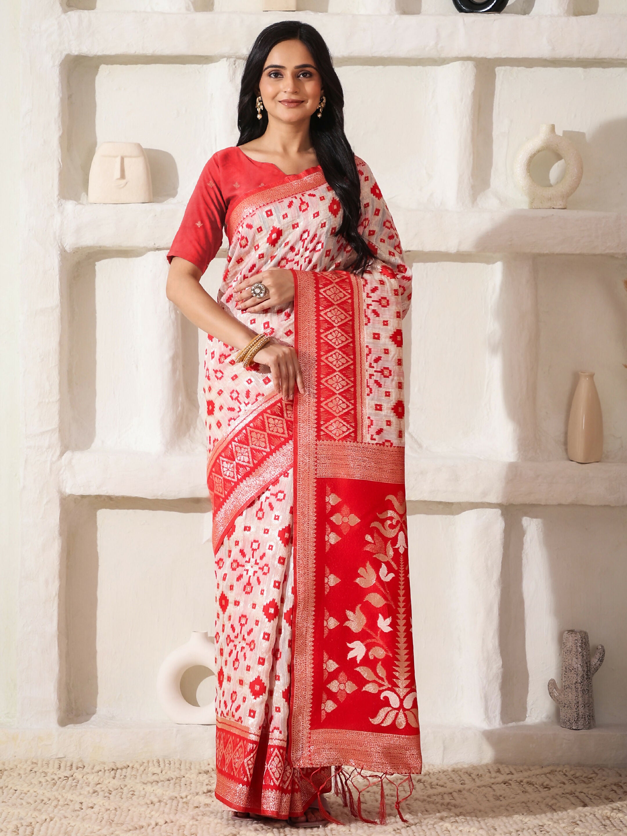 Astita Linen Cotton Red & White Saree