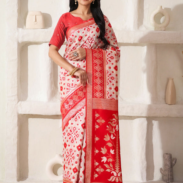 Astita Linen Cotton Red & White Saree