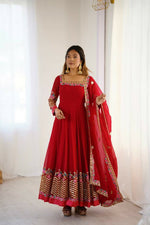 Thumbnail for Teeya Creation Red Color Heavy Georgette Wedding Wear Embroidery Work Long Gown