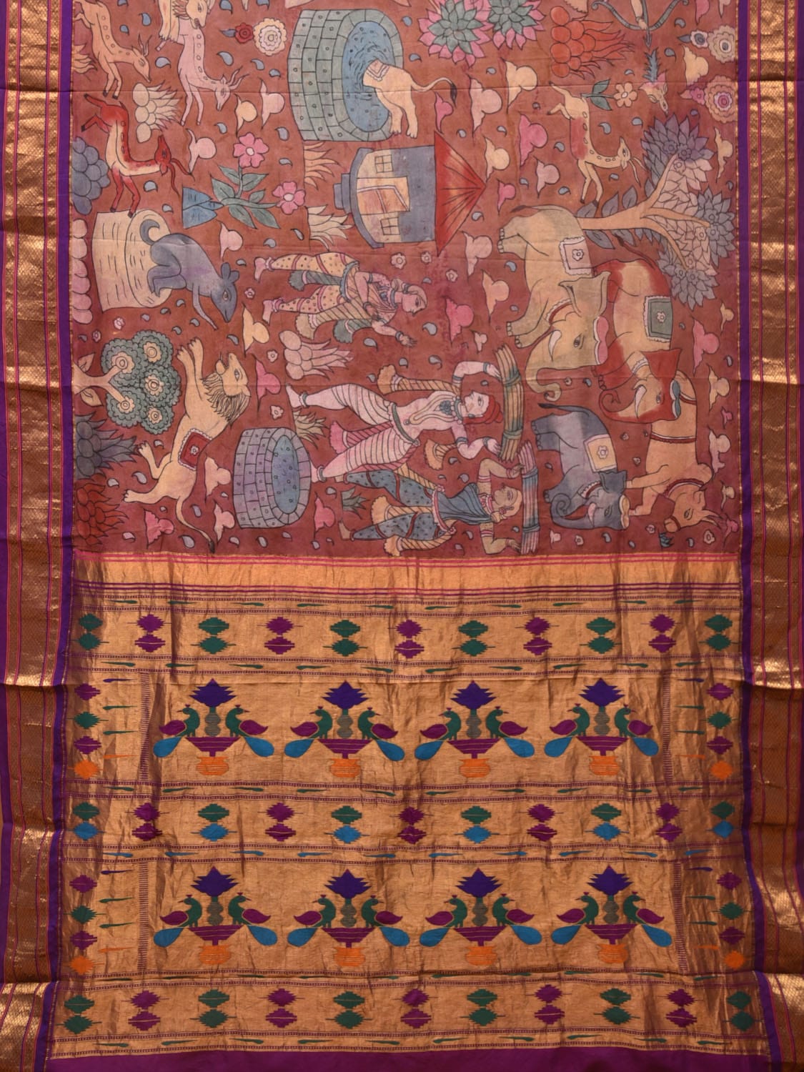 Rust and Purple Kalamkari Hand Painted Paithani Silk Handloom Saree with Village Theme Design - Global Threads - Distacart