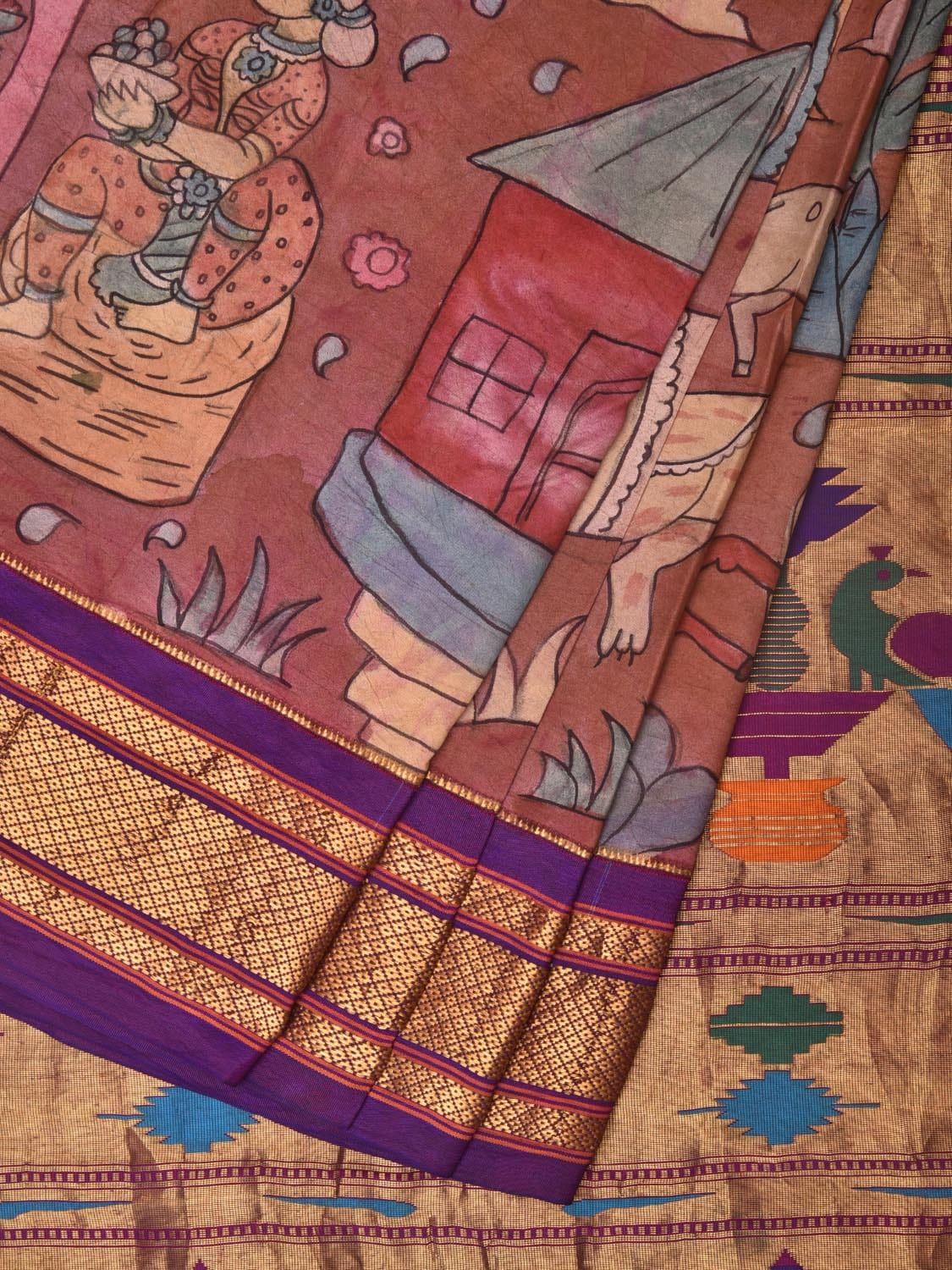 Rust and Purple Kalamkari Hand Painted Paithani Silk Handloom Saree with Village Theme Design - Global Threads - Distacart