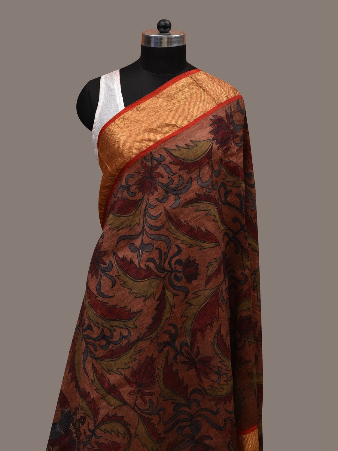 Rust Kalamkari Hand Painted Kanchipuram Silk Handloom Dupatta with Floral and Peacocks Design - Global Threads - Distacart