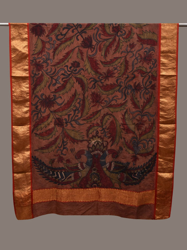 Rust Kalamkari Hand Painted Kanchipuram Silk Handloom Dupatta with Floral and Peacocks Design - Global Threads - Distacart