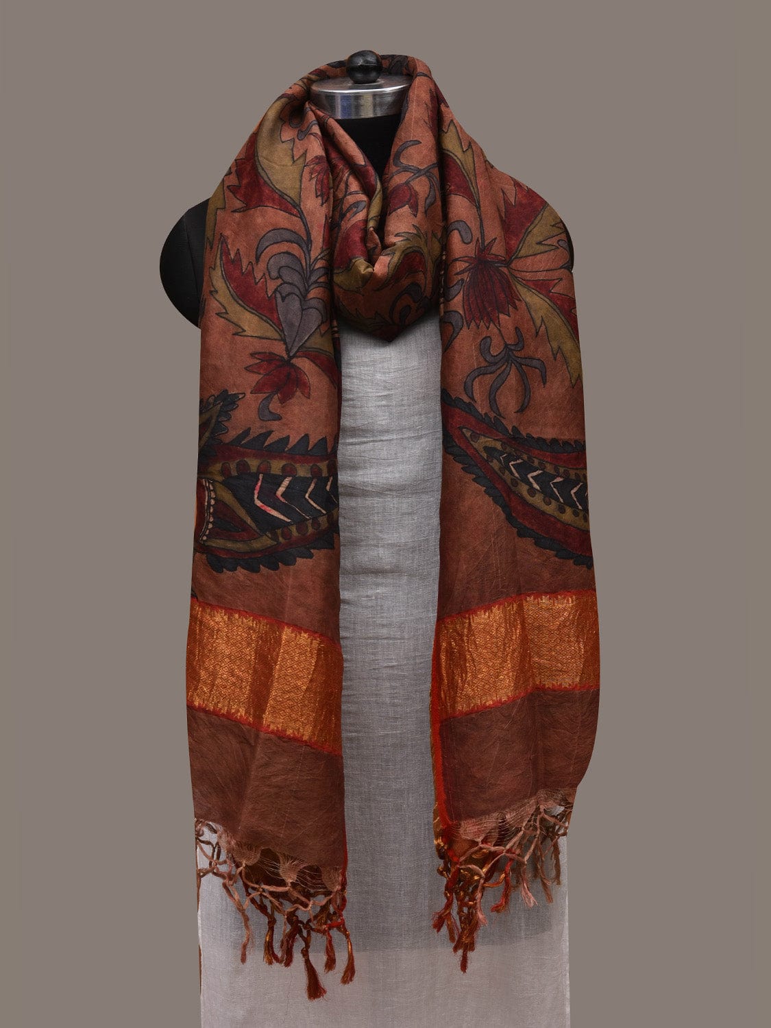Rust Kalamkari Hand Painted Kanchipuram Silk Handloom Dupatta with Floral and Peacocks Design - Global Threads - Distacart