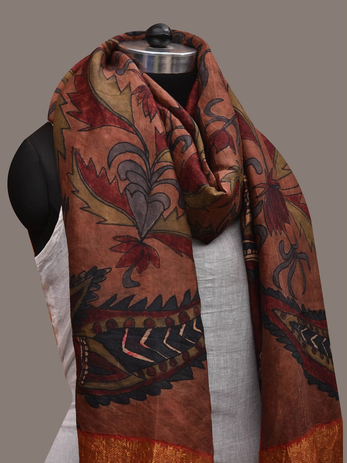 Rust Kalamkari Hand Painted Kanchipuram Silk Handloom Dupatta with Floral and Peacocks Design - Global Threads - Distacart