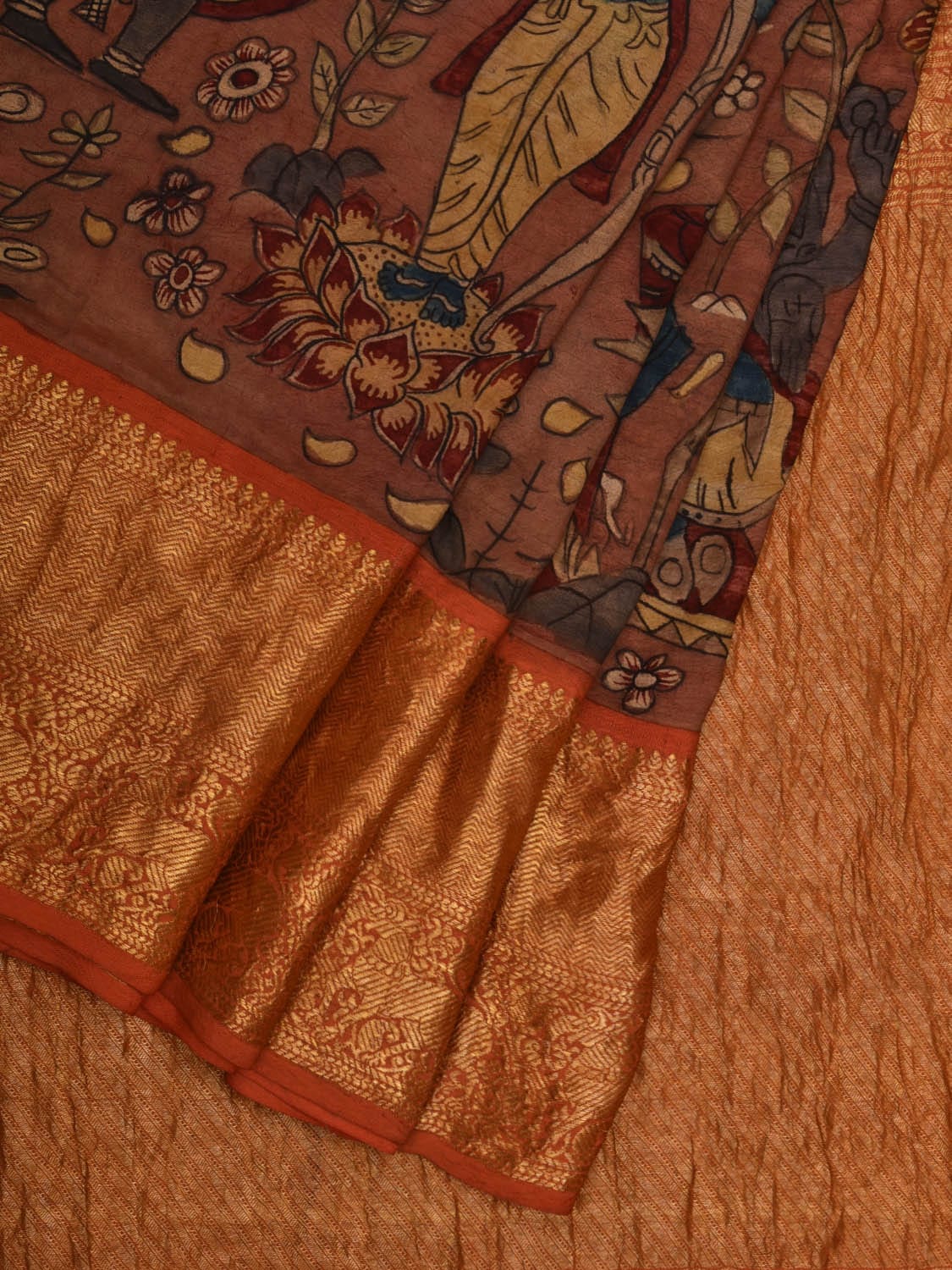 Rust Kalamkari Hand Painted Kanchipuram Silk Handloom Saree with Dashavatar Design - Global Threads - Distacart