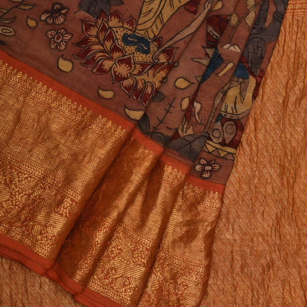 Rust Kalamkari Hand Painted Kanchipuram Silk Handloom Saree with Dashavatar Design - Global Threads - Distacart