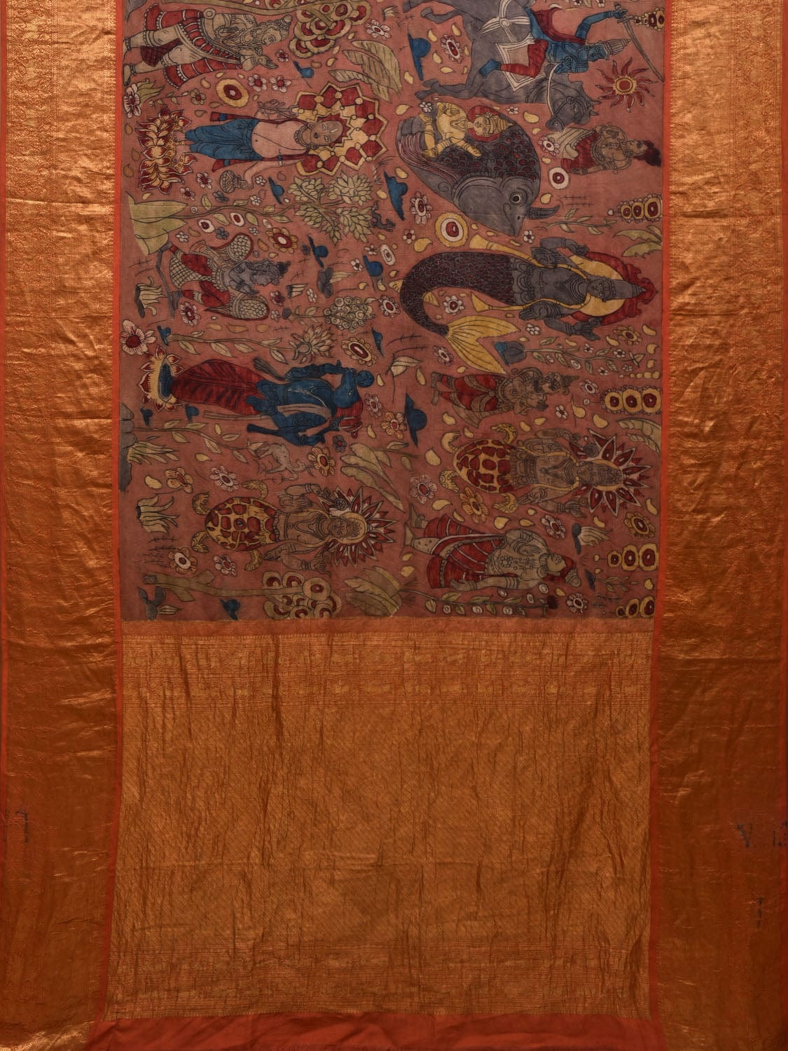 Rust Kalamkari Hand Painted Kanchipuram Silk Handloom Saree with Dashavatar Design - Global Threads - Distacart