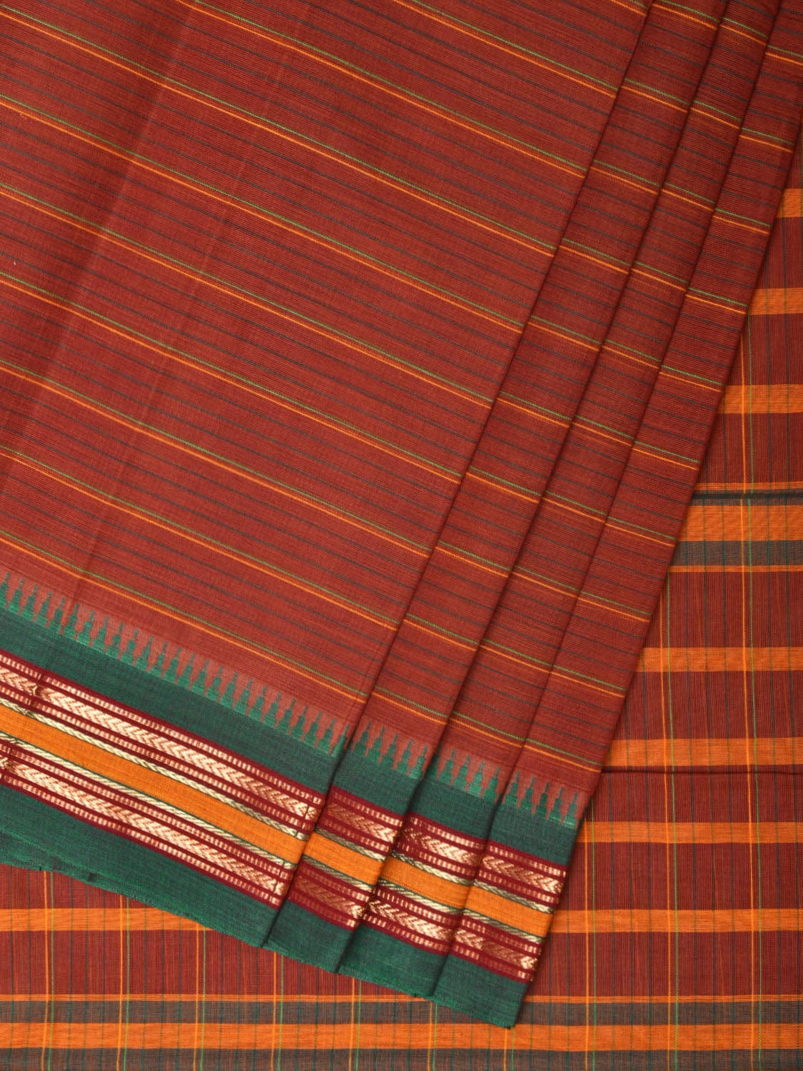 Rust Narayanpet Cotton Handloom Saree with Strips Design No Blouse - Global Threads - Distacart