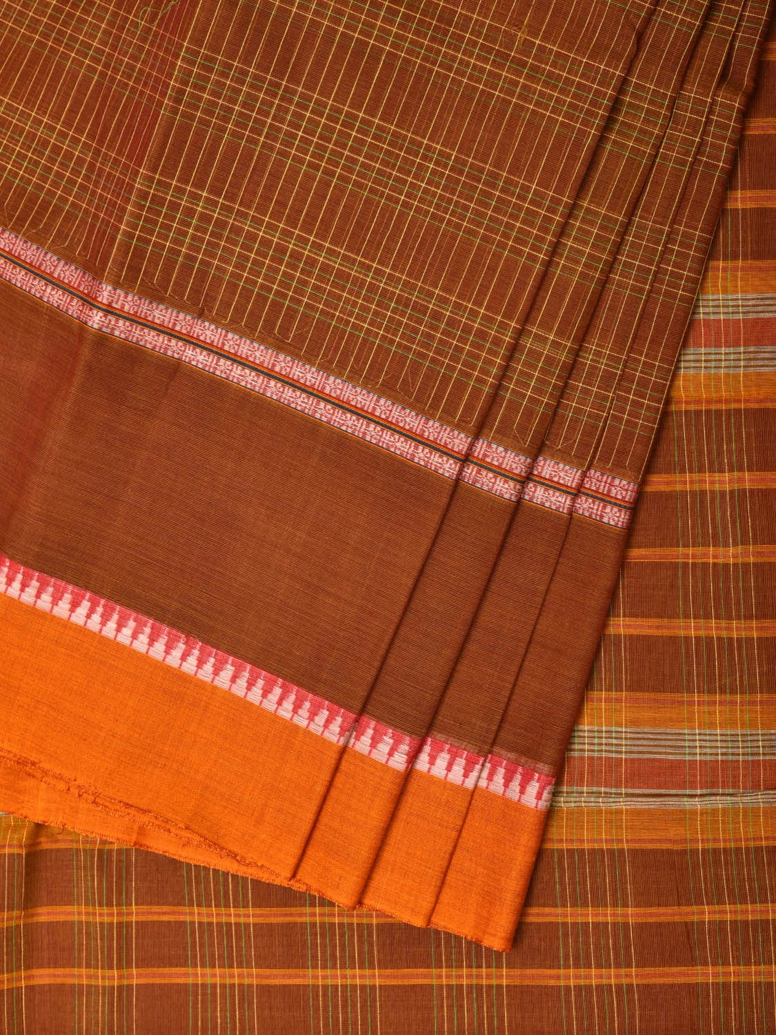 Rust Narayanpet Cotton Handloom Saree with Strips Design No Blouse - Global Threads - Distacart