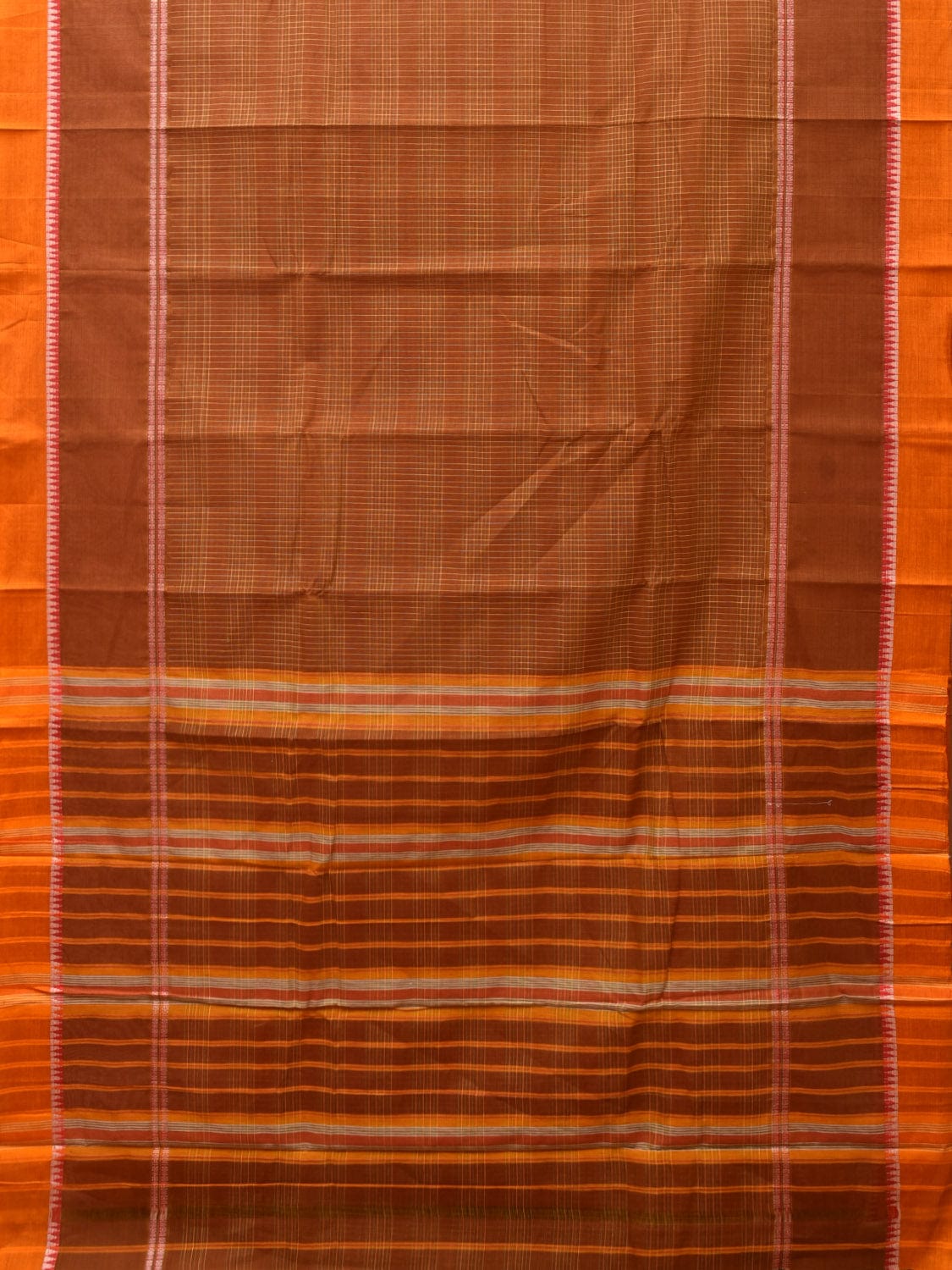 Rust Narayanpet Cotton Handloom Saree with Strips Design No Blouse - Global Threads - Distacart