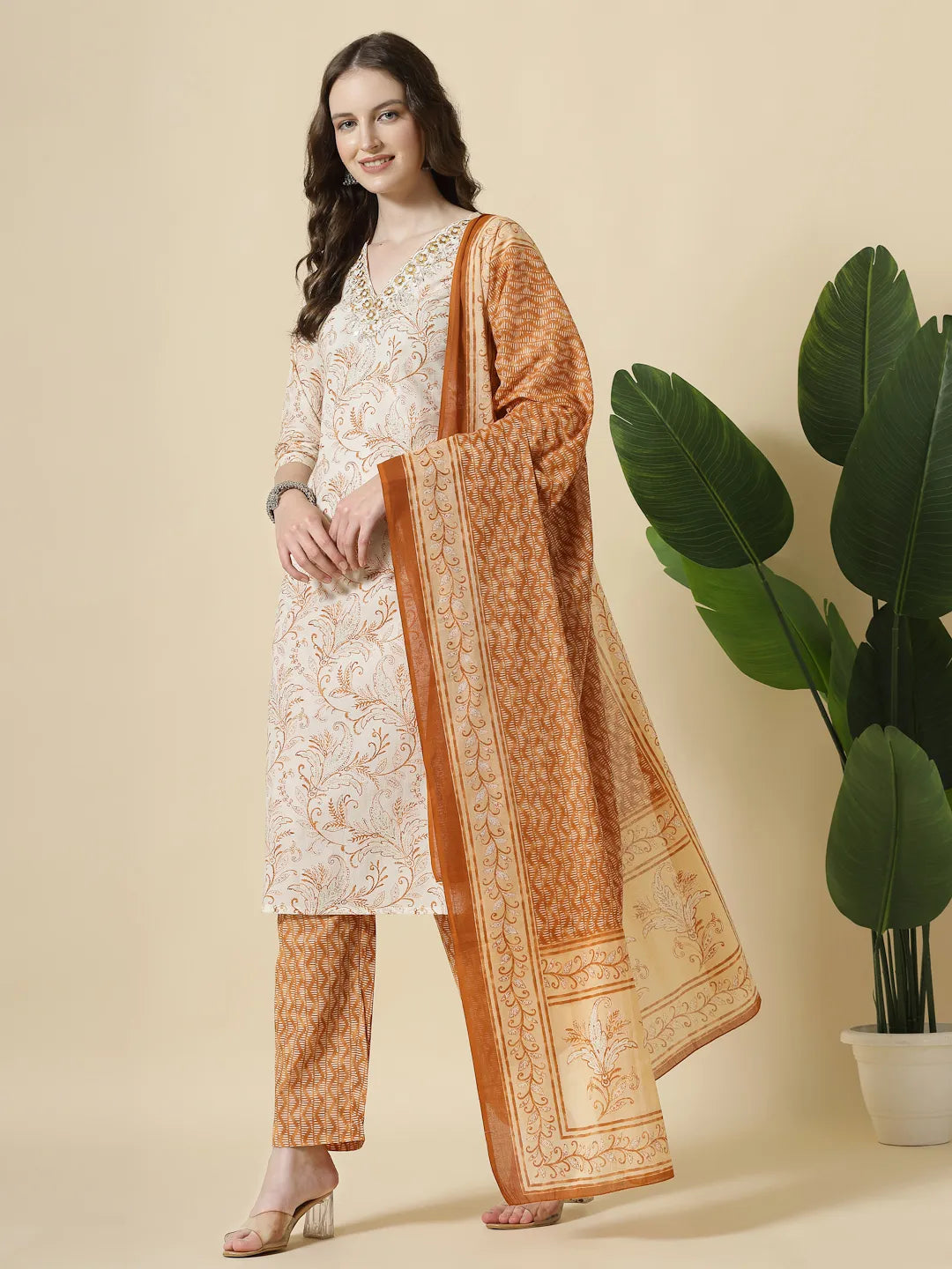 Yufta Rust Pure Cotton PaisleyThread Work Kurta Dupatta Pant Set - Distacart