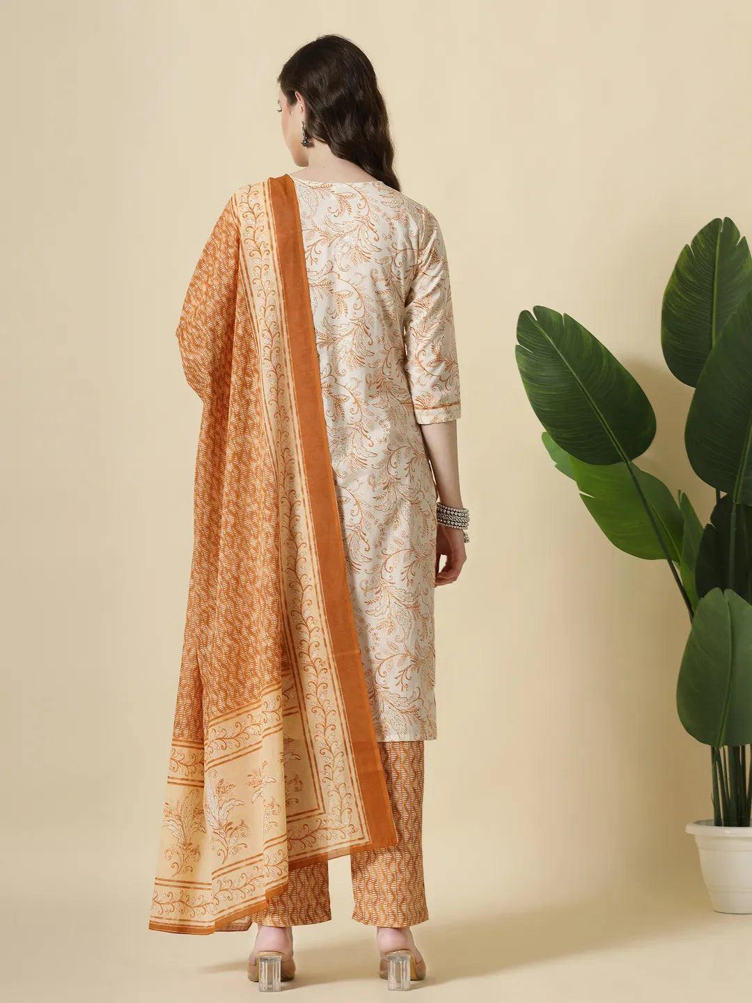 Yufta Rust Pure Cotton PaisleyThread Work Kurta Dupatta Pant Set