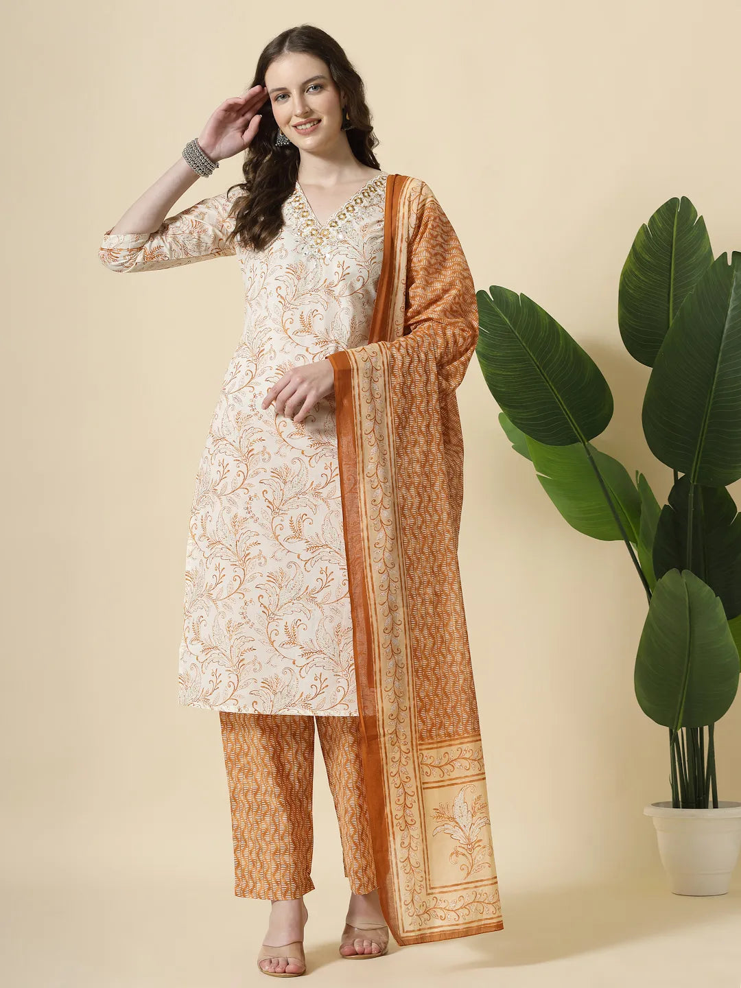 Yufta Rust Pure Cotton PaisleyThread Work Kurta Dupatta Pant Set - Distacart