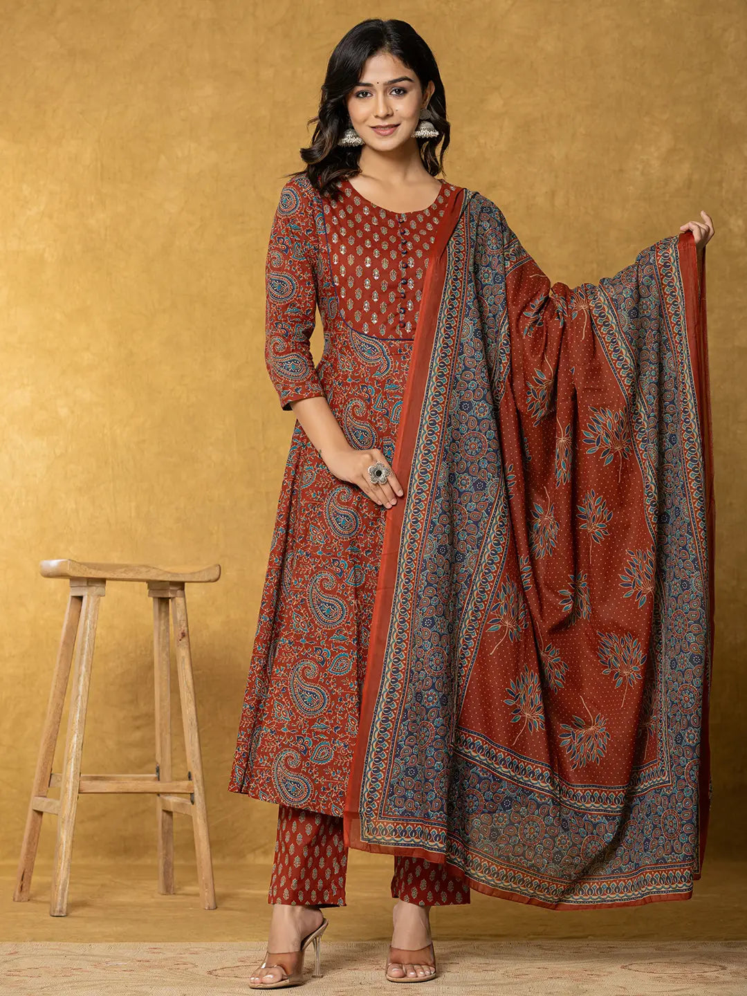 Yufta Rust Sequins_Work Cotton Anarkali Kurta Dupatta Set - Distacart