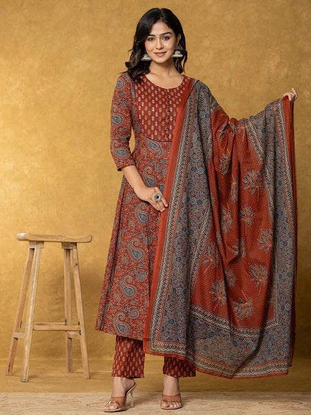 Yufta Rust Sequins_Work Cotton Anarkali Kurta Dupatta Set - Distacart