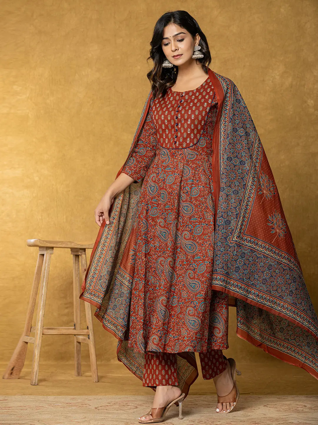 Yufta Rust Sequins_Work Cotton Anarkali Kurta Dupatta Set - Distacart