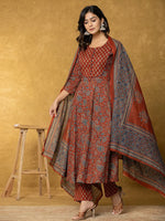Thumbnail for Yufta Rust Sequins_Work Cotton Anarkali Kurta Dupatta Set