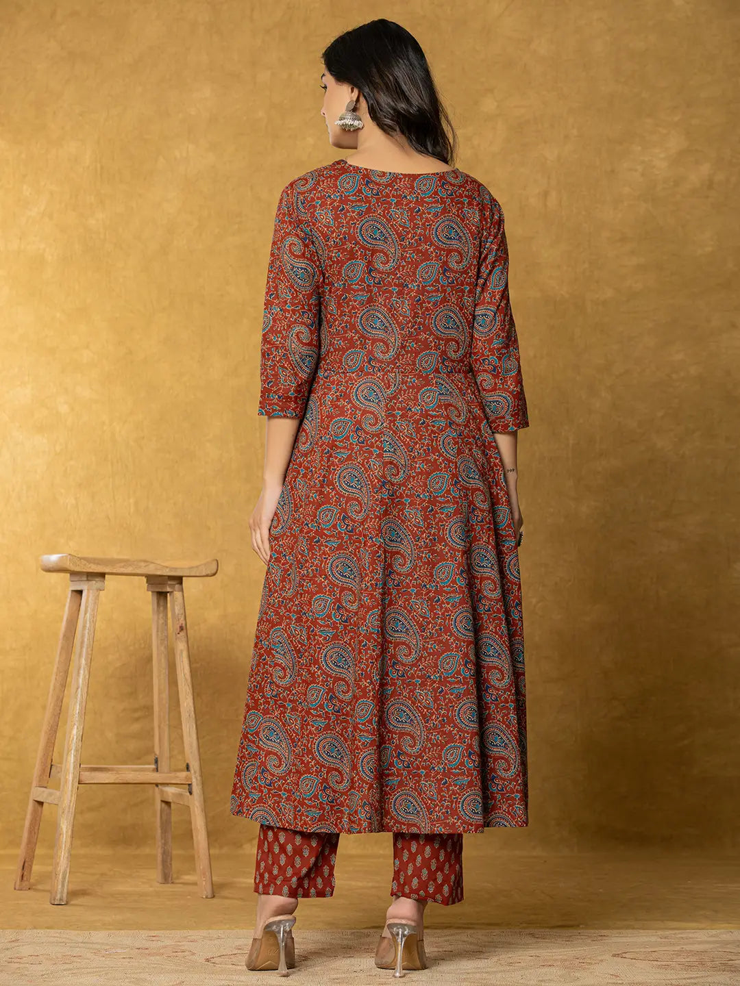 Yufta Rust Sequins_Work Cotton Anarkali Kurta Dupatta Set