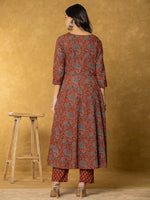 Thumbnail for Yufta Rust Sequins_Work Cotton Anarkali Kurta Dupatta Set