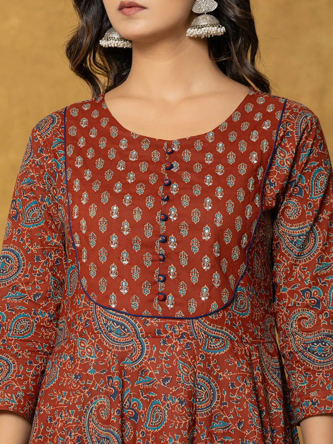 Yufta Rust Sequins_Work Cotton Anarkali Kurta Dupatta Set