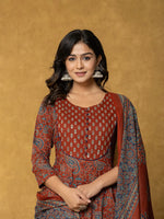 Thumbnail for Yufta Rust Sequins_Work Cotton Anarkali Kurta Dupatta Set