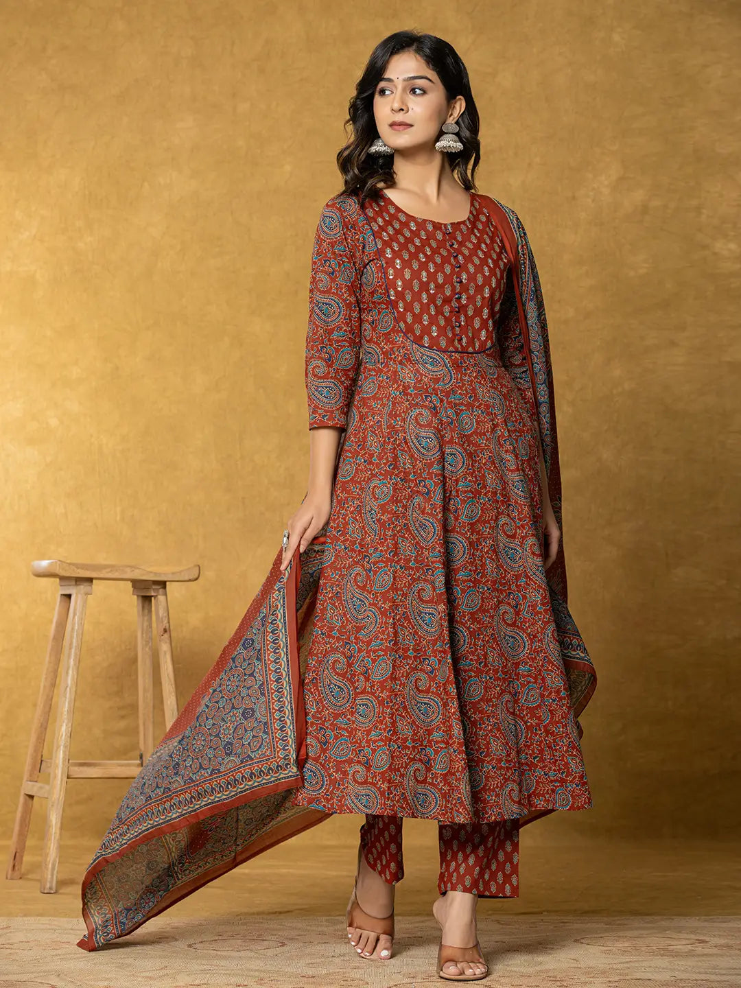 Yufta Rust Sequins_Work Cotton Anarkali Kurta Dupatta Set