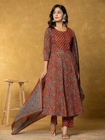 Thumbnail for Yufta Rust Sequins_Work Cotton Anarkali Kurta Dupatta Set