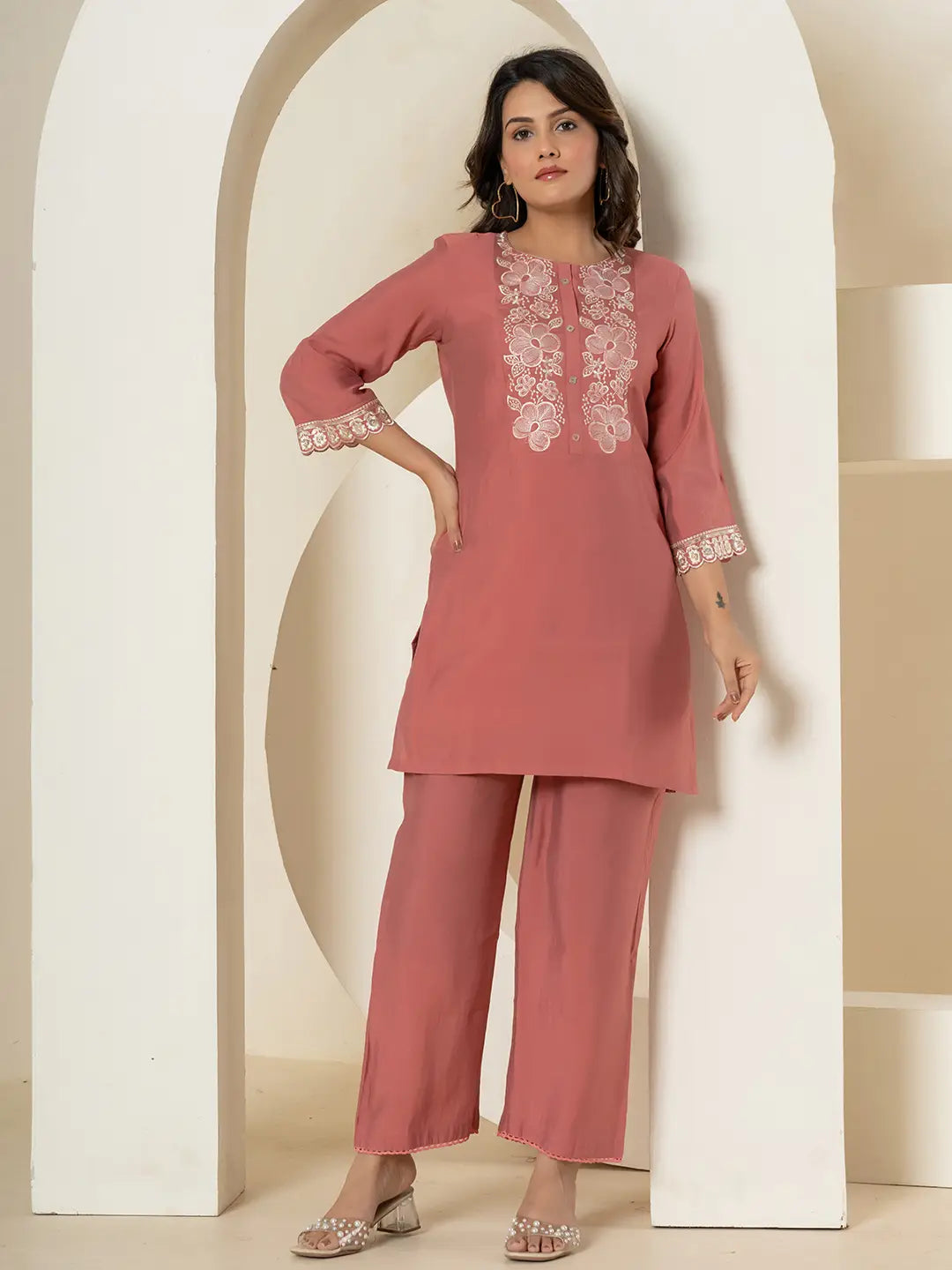 Yufta Rust Thread_Work Shirt And Trouser Silk Blend Co-Ord Set - Distacart