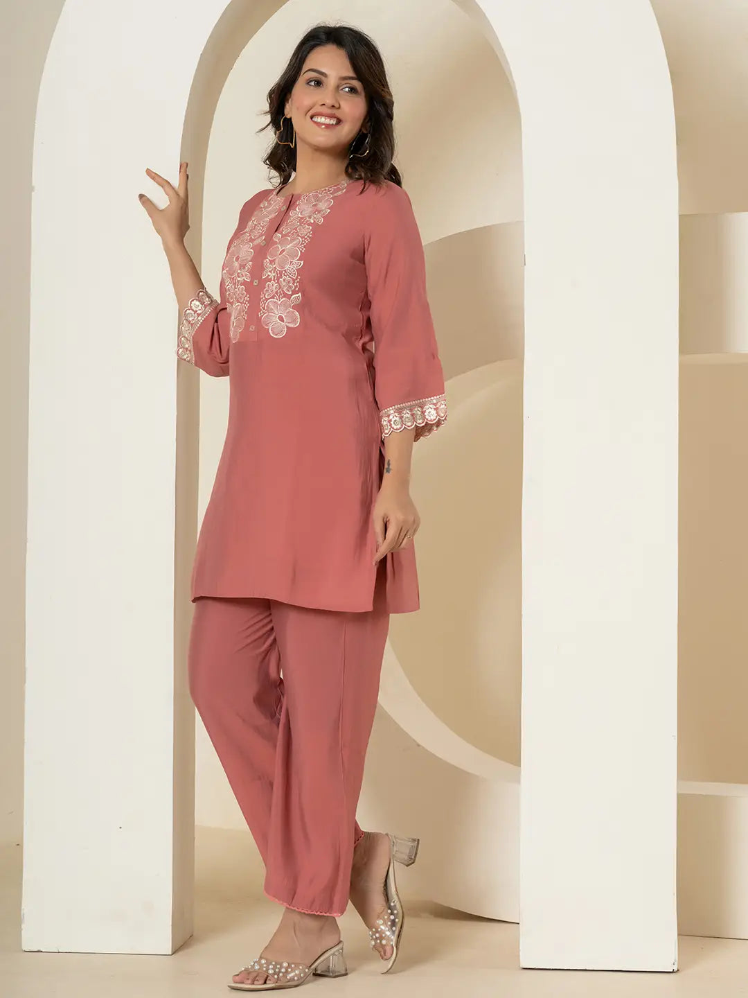 Yufta Rust Thread_Work Shirt And Trouser Silk Blend Co-Ord Set - Distacart