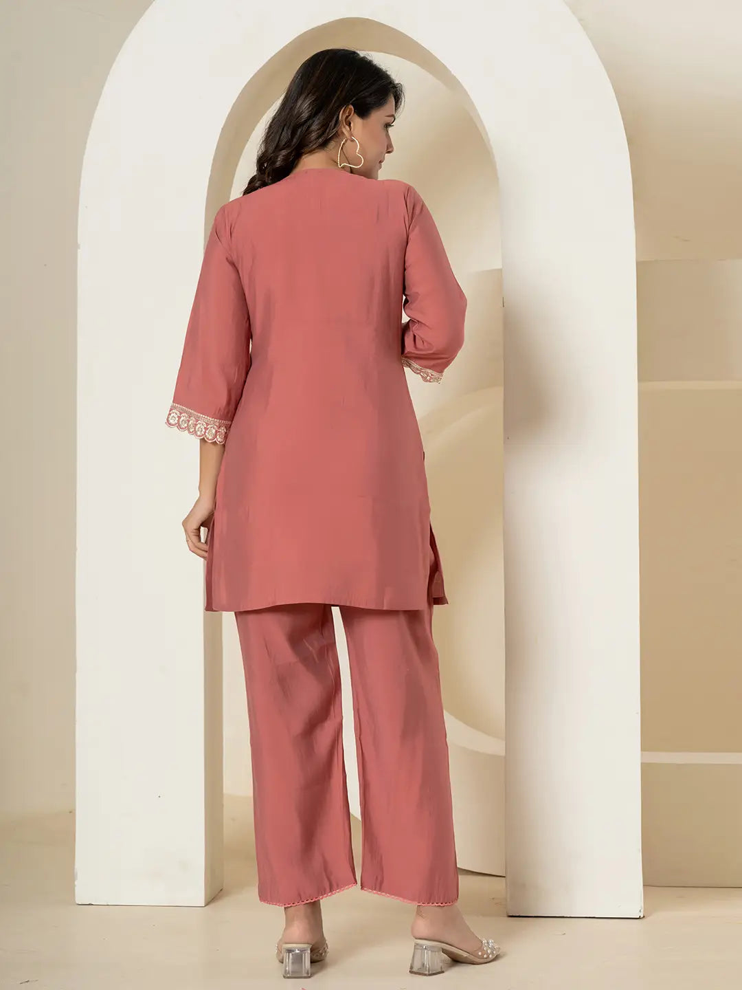 Yufta Rust Thread_Work Shirt And Trouser Silk Blend Co-Ord Set - Distacart